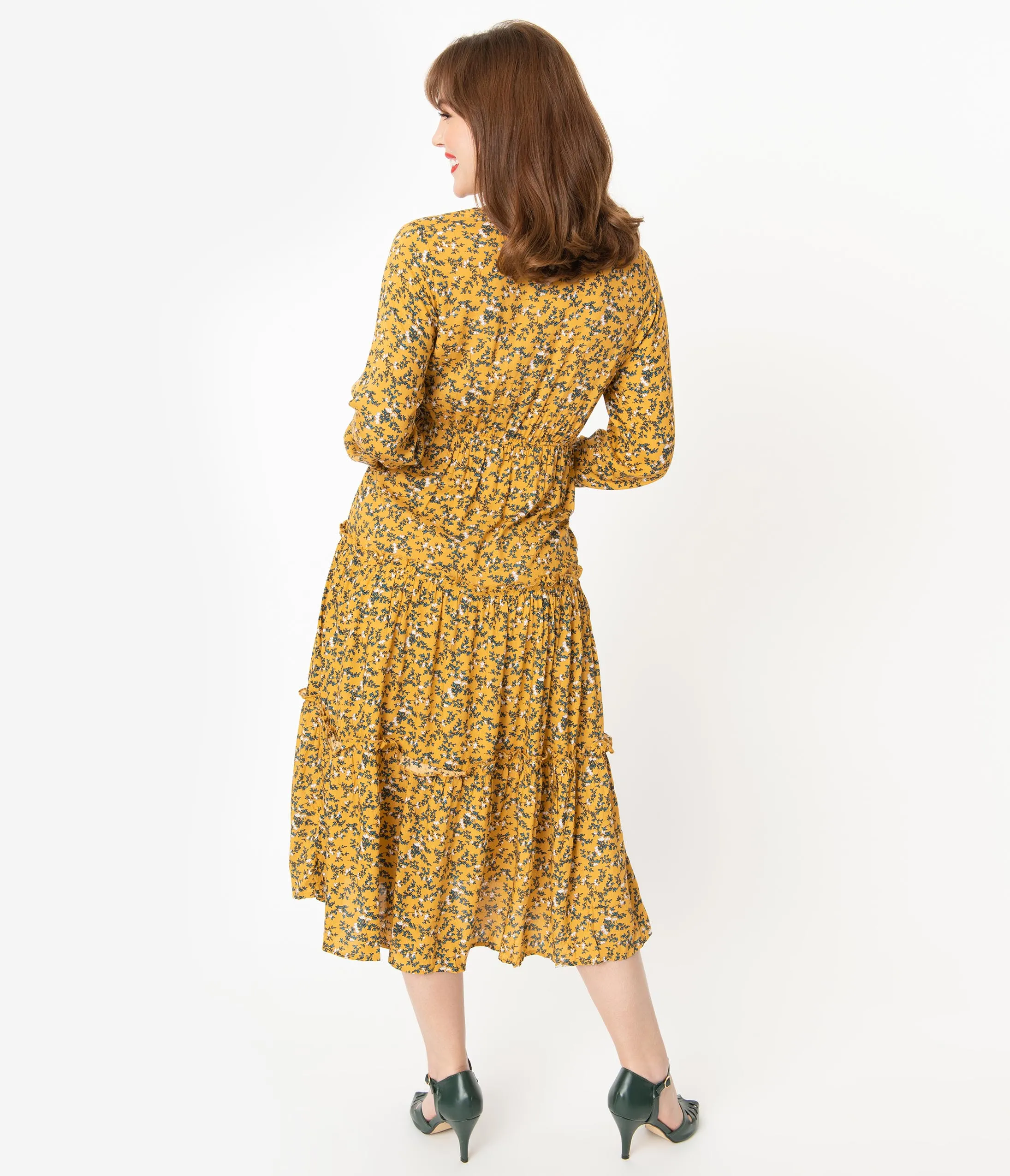 1940s Style Mustard & Ivory Floral Midi Dress