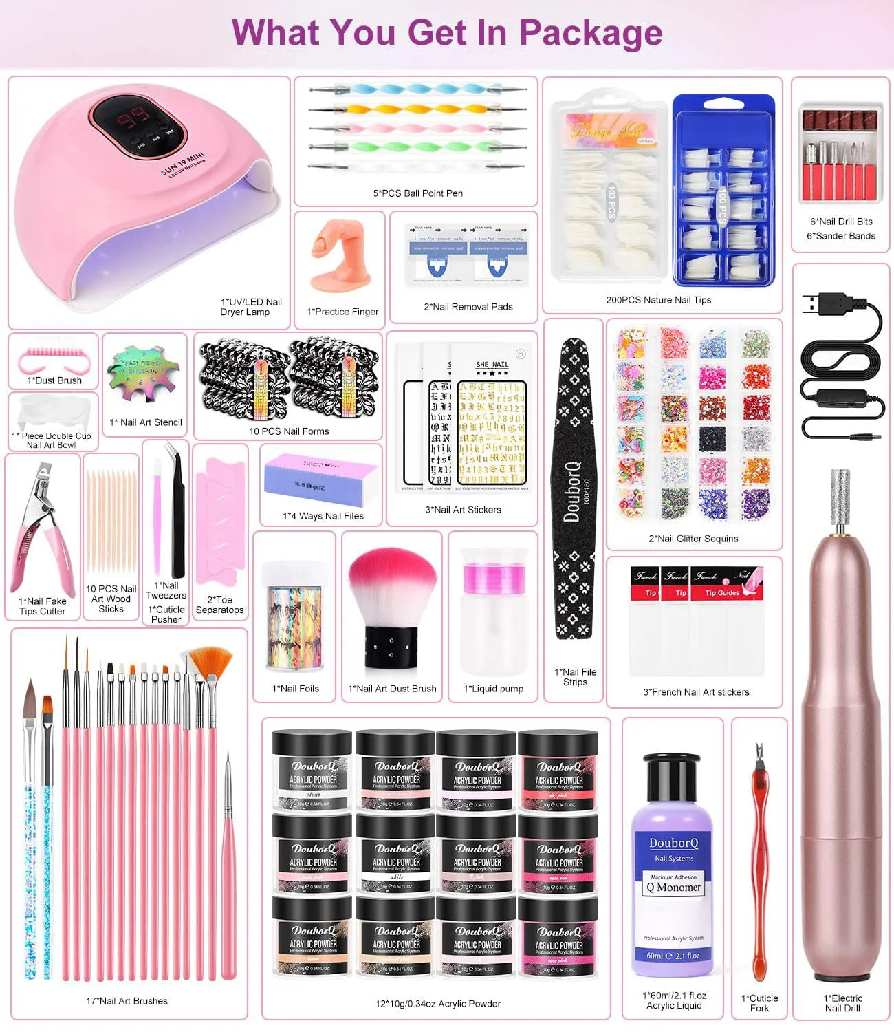 Acrylic Nail Art Starter Kit with UV Lamp, Nail Drill & Tools for Home Manicure