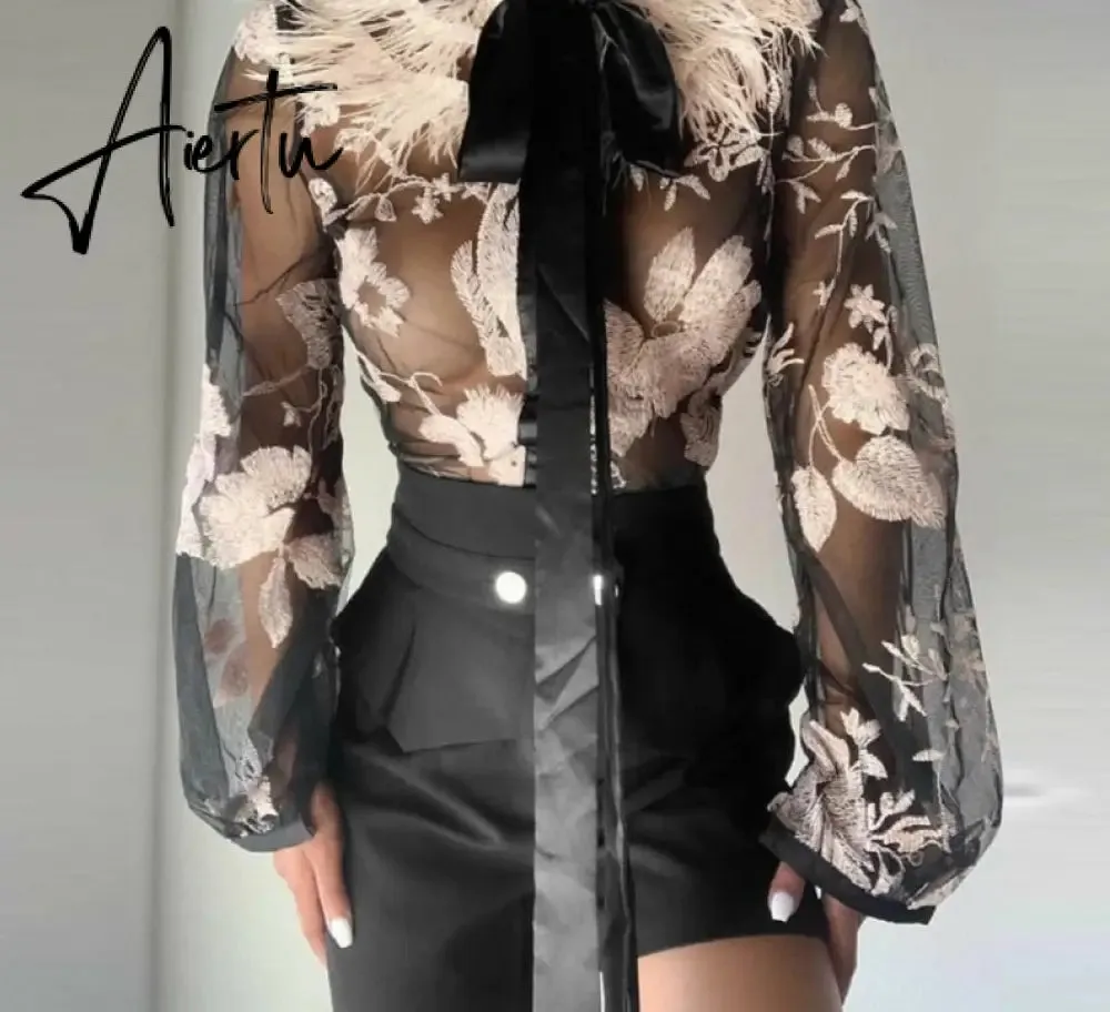 Aiertu Women Chic Floral Bowknot Lace up feather collar perspective Mesh Black Blouse