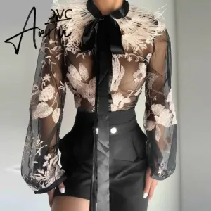 Aiertu Women Chic Floral Bowknot Lace up feather collar perspective Mesh Black Blouse