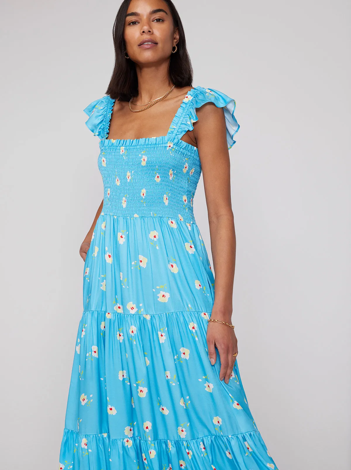 Aisha Blue Pansy Print Maxi Dress