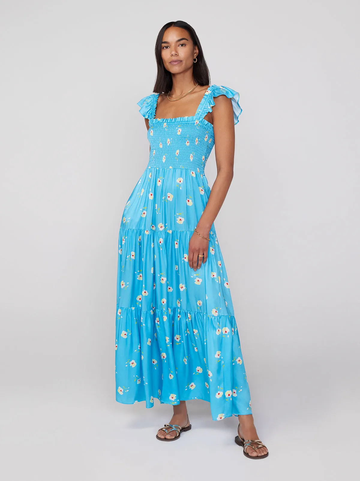 Aisha Blue Pansy Print Maxi Dress