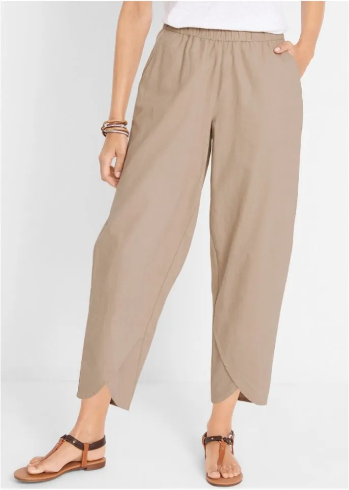 Ankleless linen trousers with high waist, comfortable waistband, loose fit Bpc Bonprix Collection ,  beige