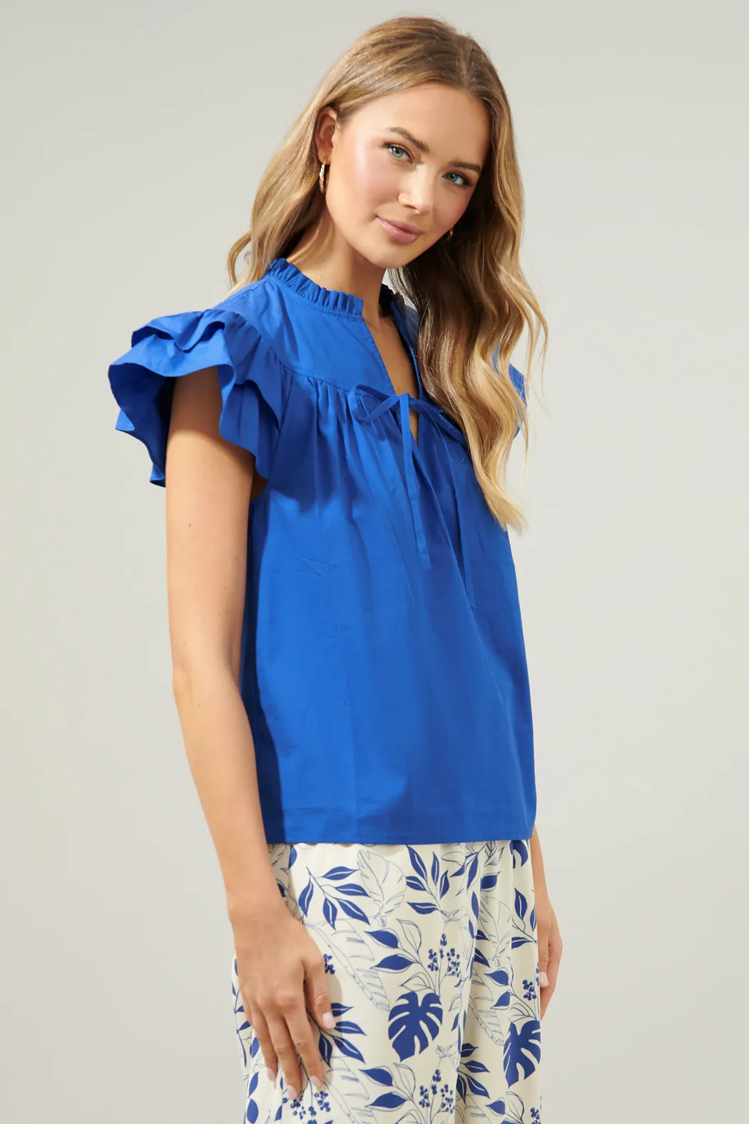 Anya Poplin Ruffle Tie Front Blouse