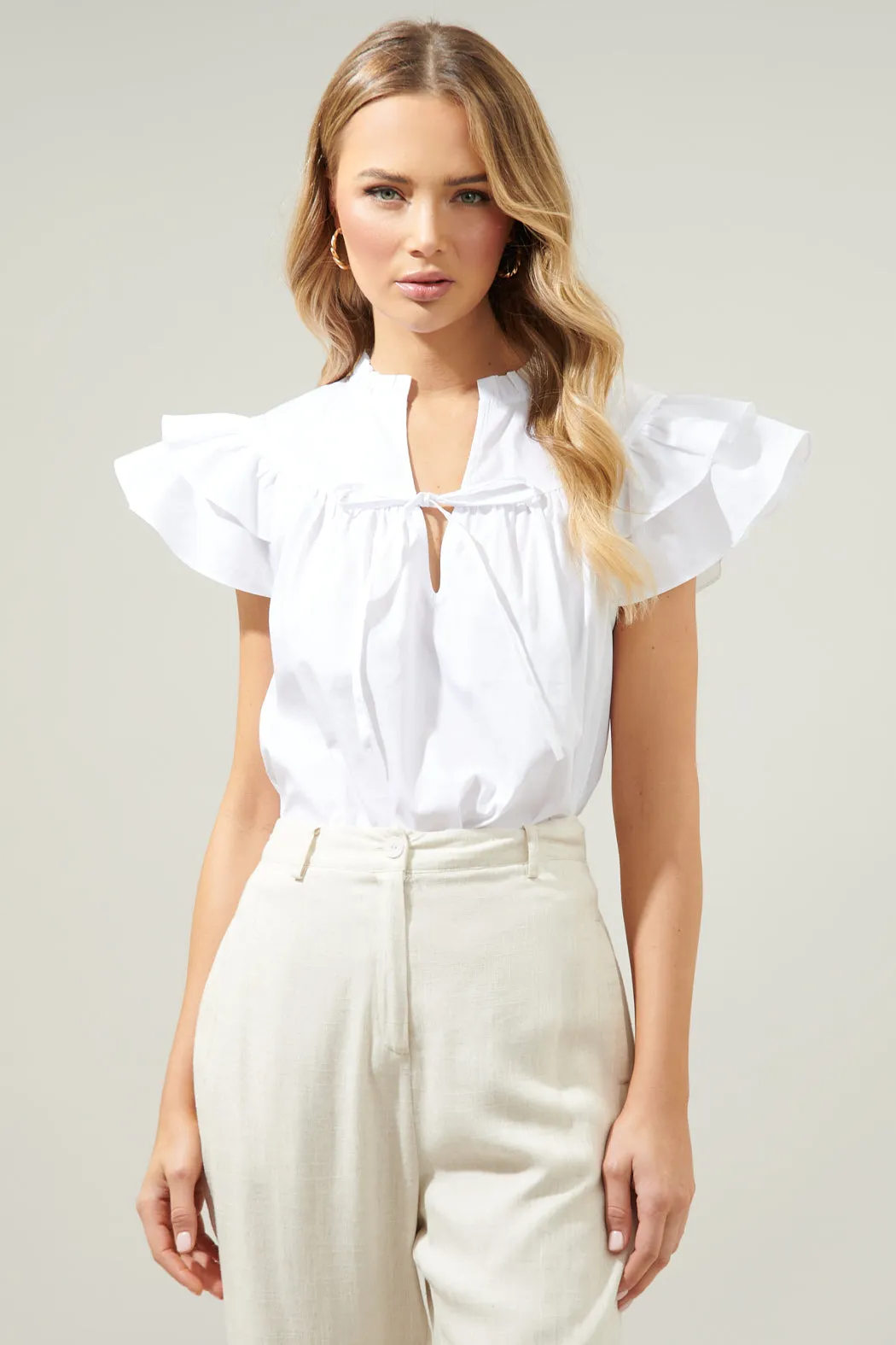 Anya Poplin Ruffle Tie Front Blouse