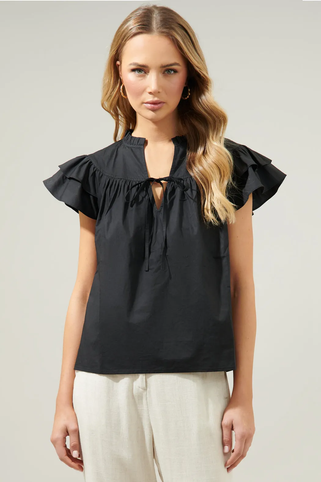 Anya Poplin Ruffle Tie Front Blouse