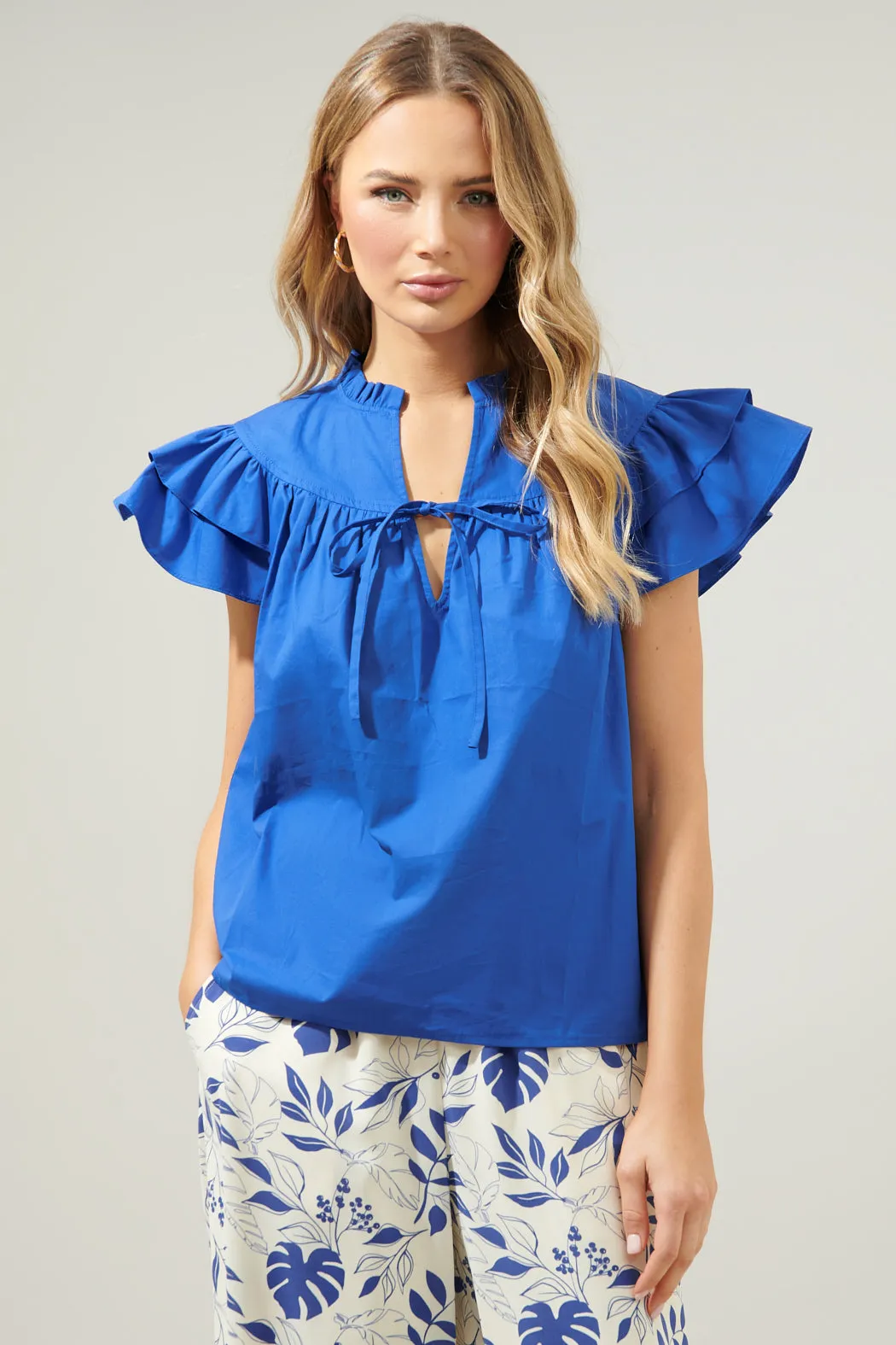 Anya Poplin Ruffle Tie Front Blouse