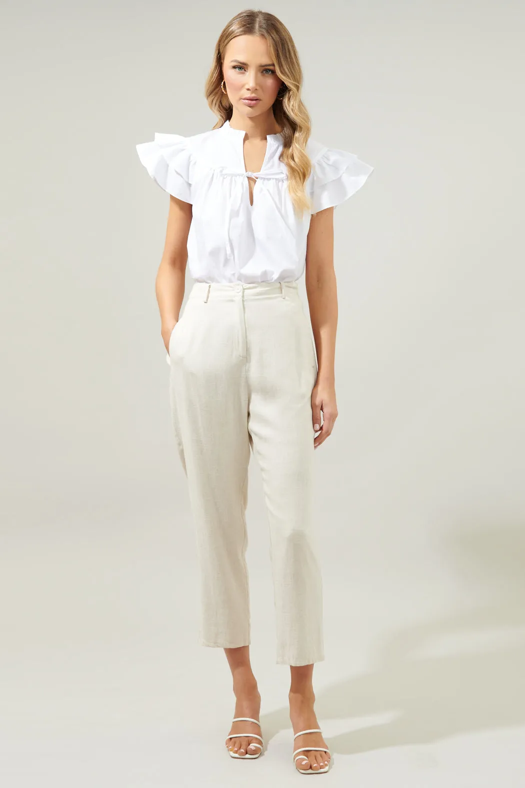 Anya Poplin Ruffle Tie Front Blouse