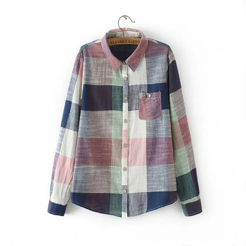 asual Plaid Women Blouses Kimono Vintage Linen Cotton Long Sleeve Blouse Female Shirts Tops