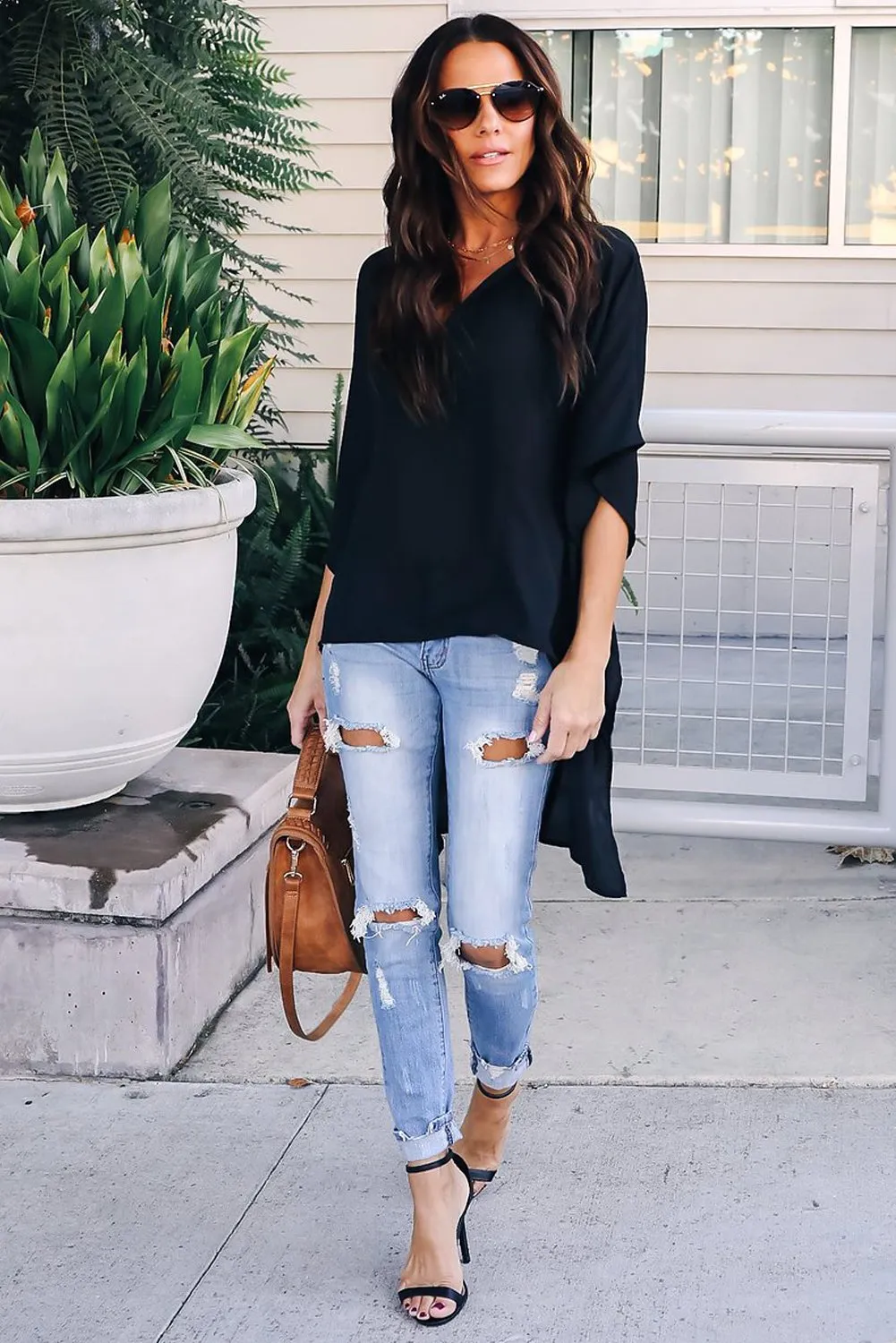 Black Chic High Low Flowy Style Blouses Top