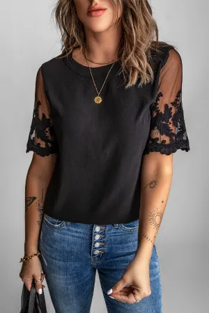 Black Floral Lace Sleeve Patchwork Tees Top