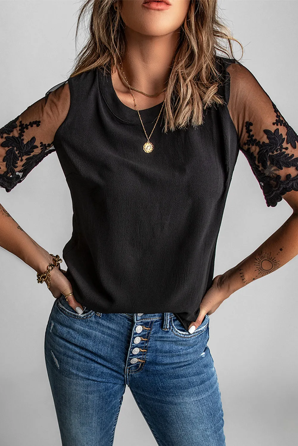 Black Floral Lace Sleeve Patchwork Tees Top