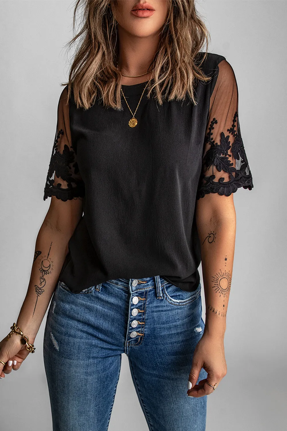 Black Floral Lace Sleeve Patchwork Tees Top