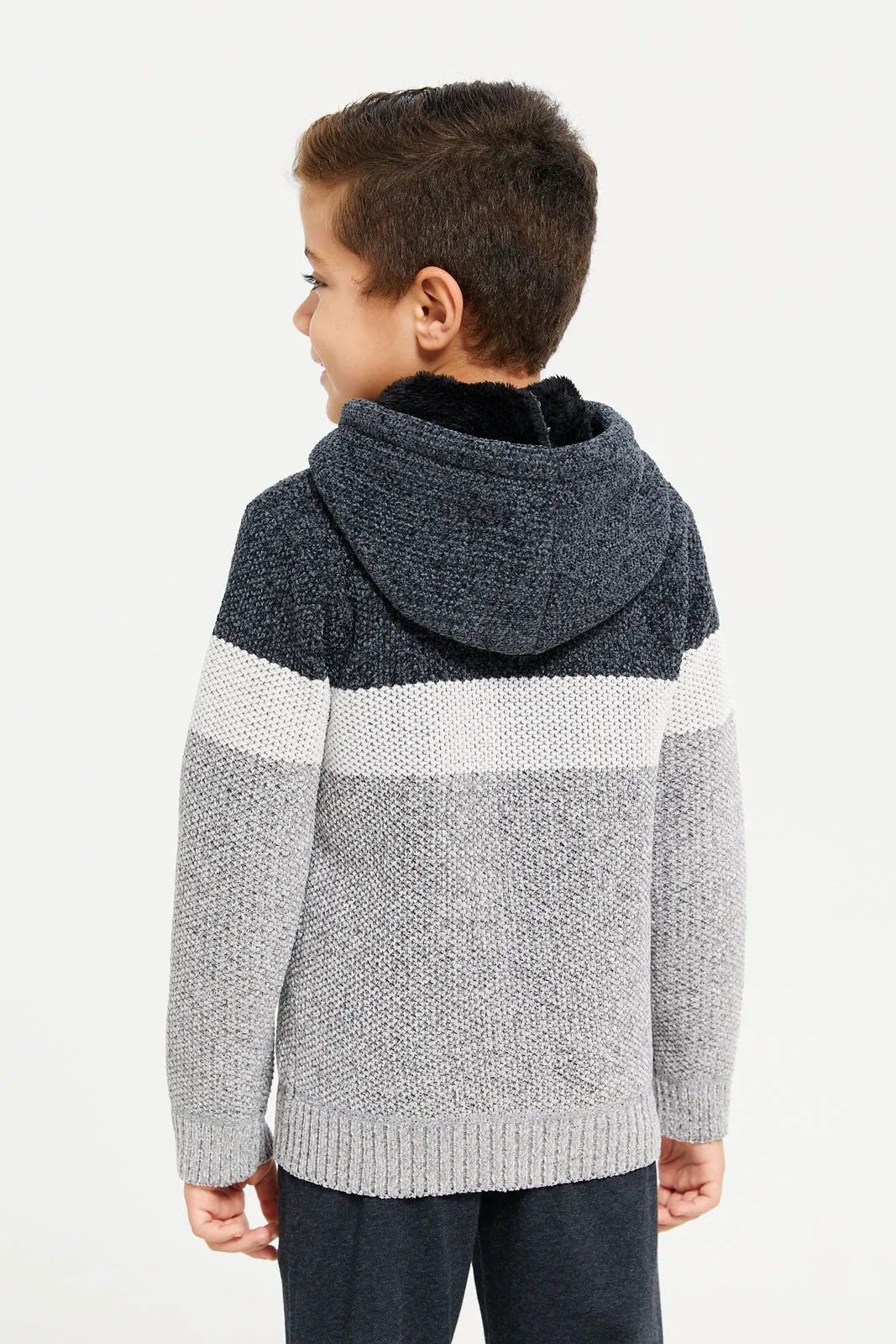 Boys Charcoal Zip Thru Hooded Chenille Cardigan