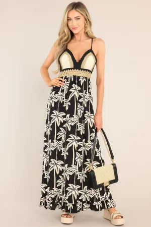 By The Sea Black Tropical Print Crochet Maxi Dress