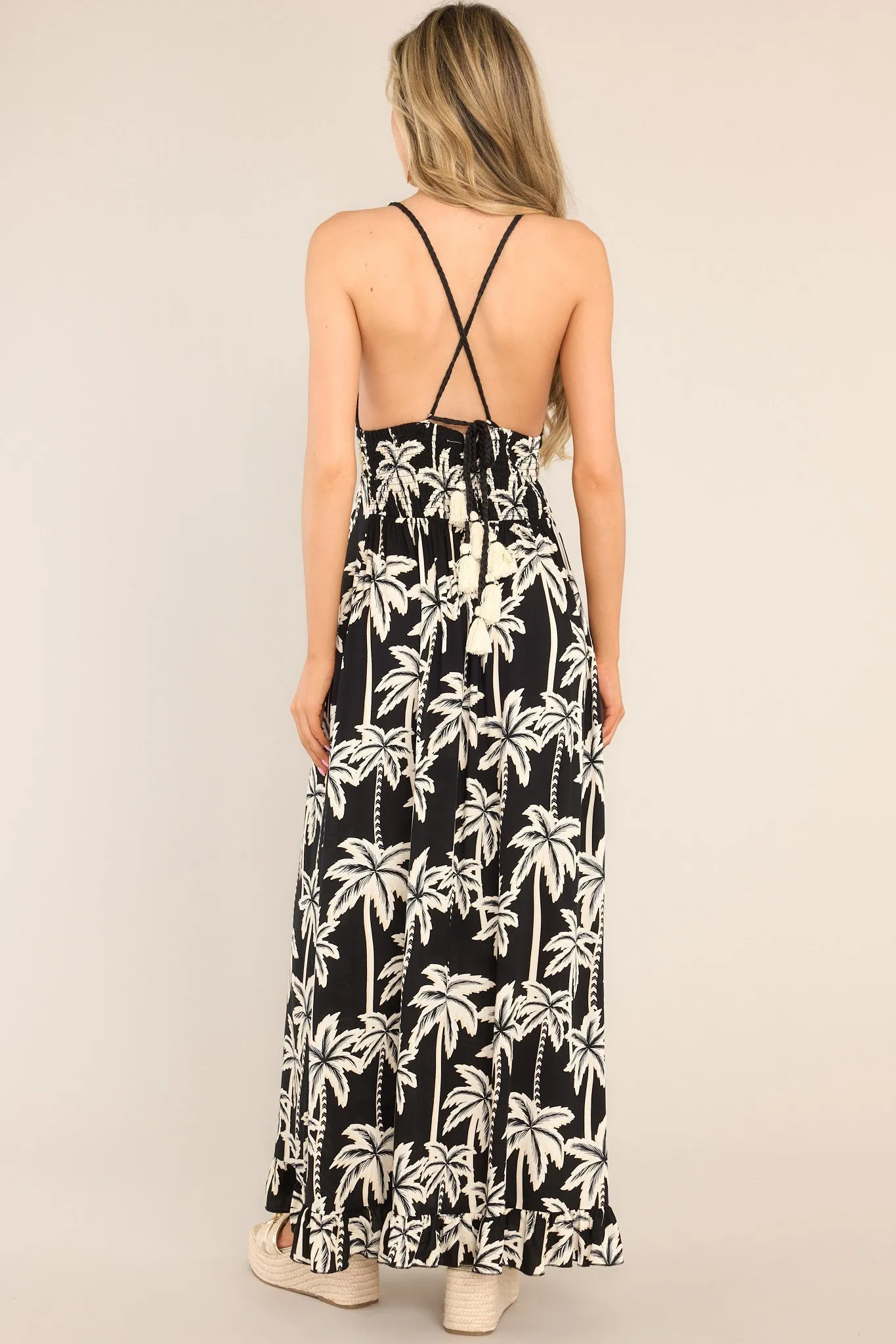 By The Sea Black Tropical Print Crochet Maxi Dress