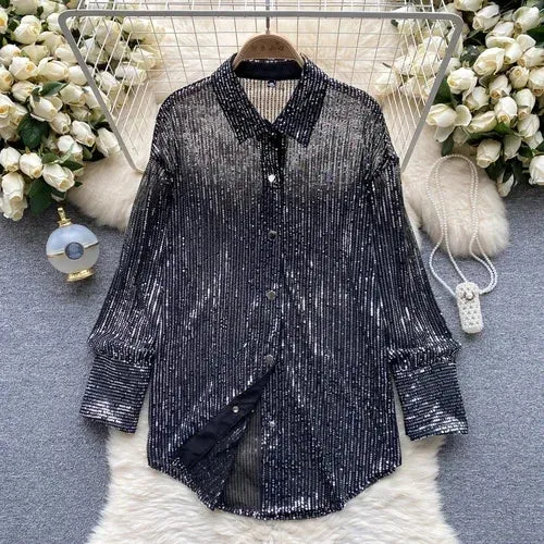 Chic Lapel Sequin Slim Shirt