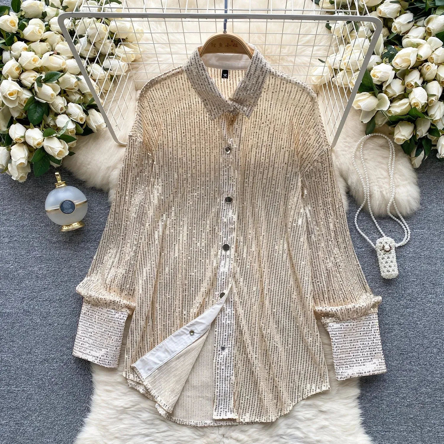 Chic Lapel Sequin Slim Shirt