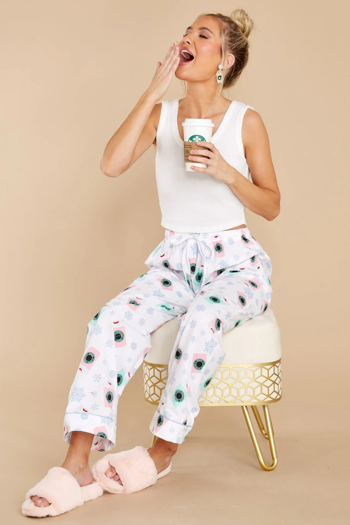 Coffee And Holiday Cheer White Multi Pajama Pants