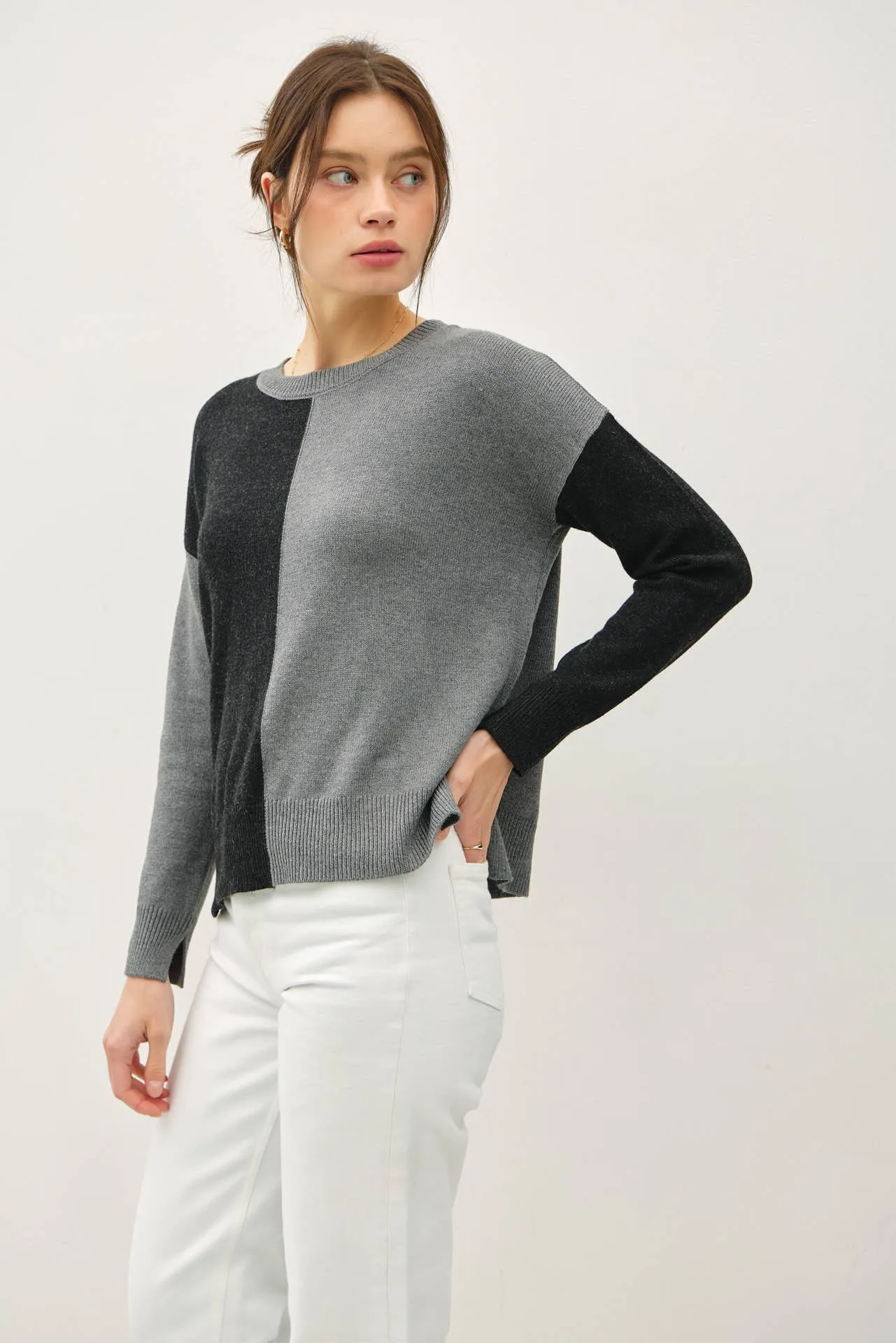 COLOR BLOCKED BASIC ROUND NECK SWEATER