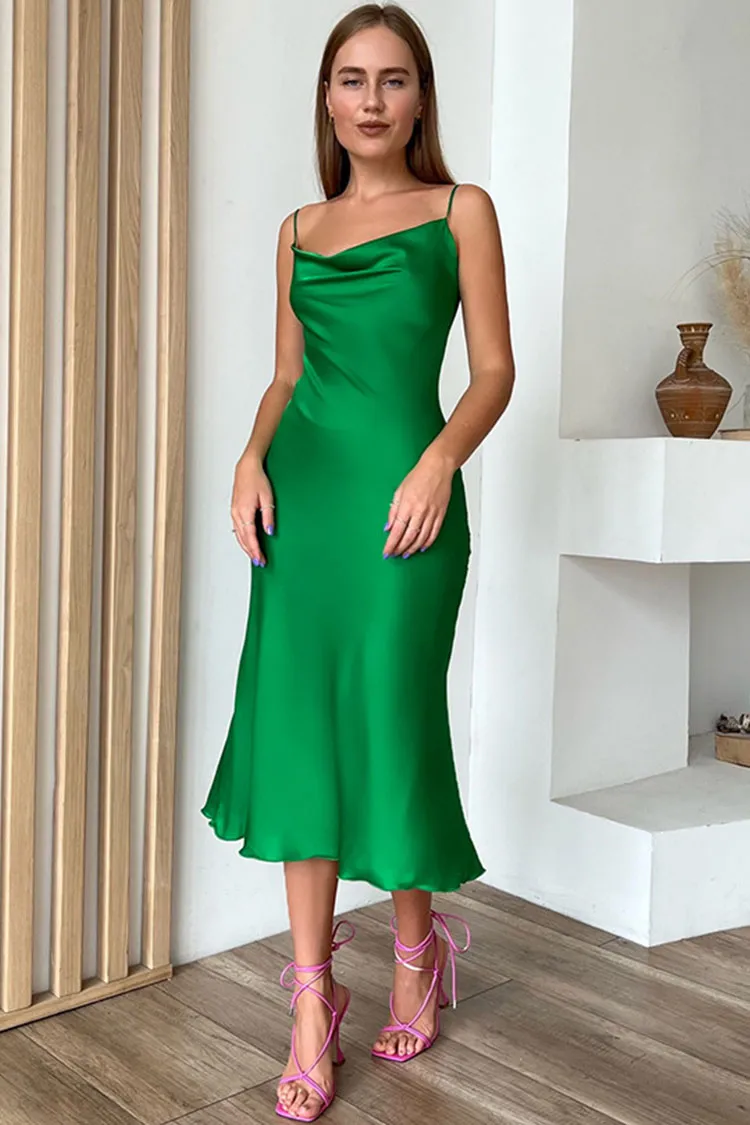 Cowl Neck Spaghetti Strap Ruffle Summer Slip Midi Sundress - Green