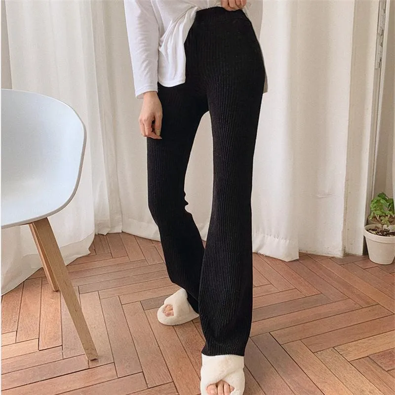 Cozy Corduroy Elastic Waist Ribbed Flare Trousers