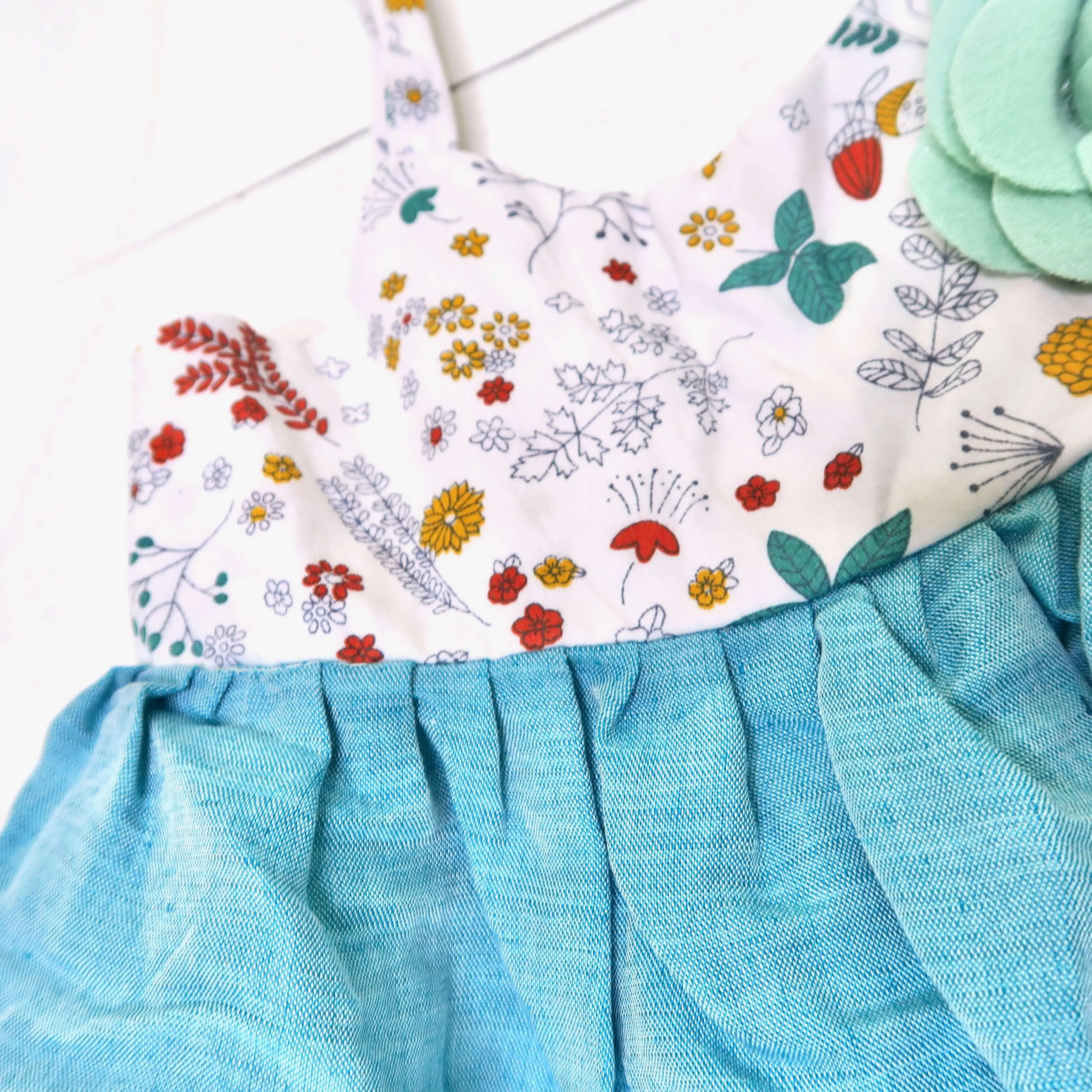 Dahlia Dress in Into the Garden and Teal Linen