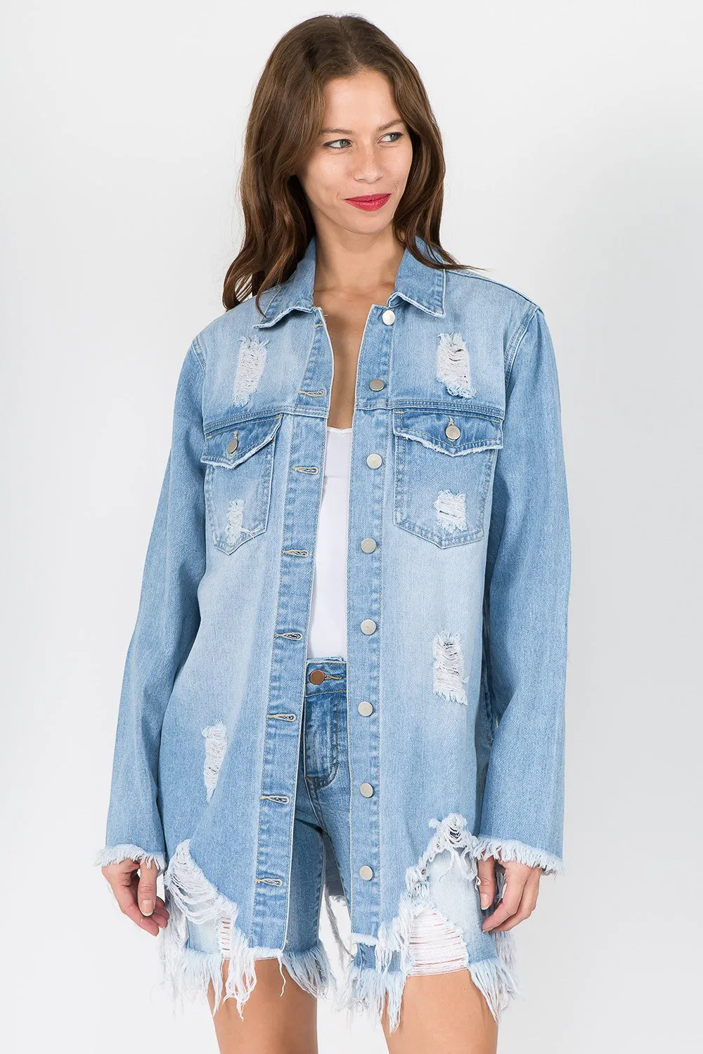 Distressed Frayed Hem Denim Jacket