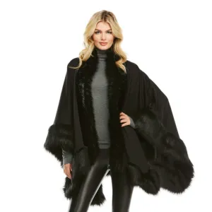 Fabulous Furs Black Fox Faux Fur Trimmed Shawl - 16135