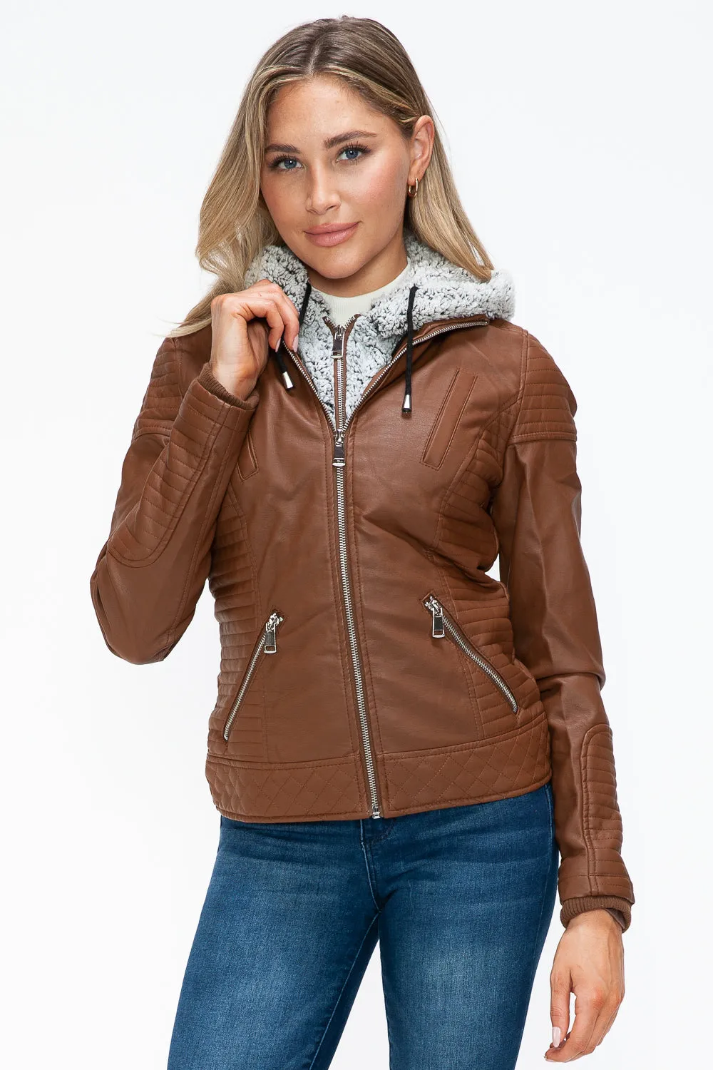 Faux Layered Double-Zipper Jacket with Fuzzy Hood