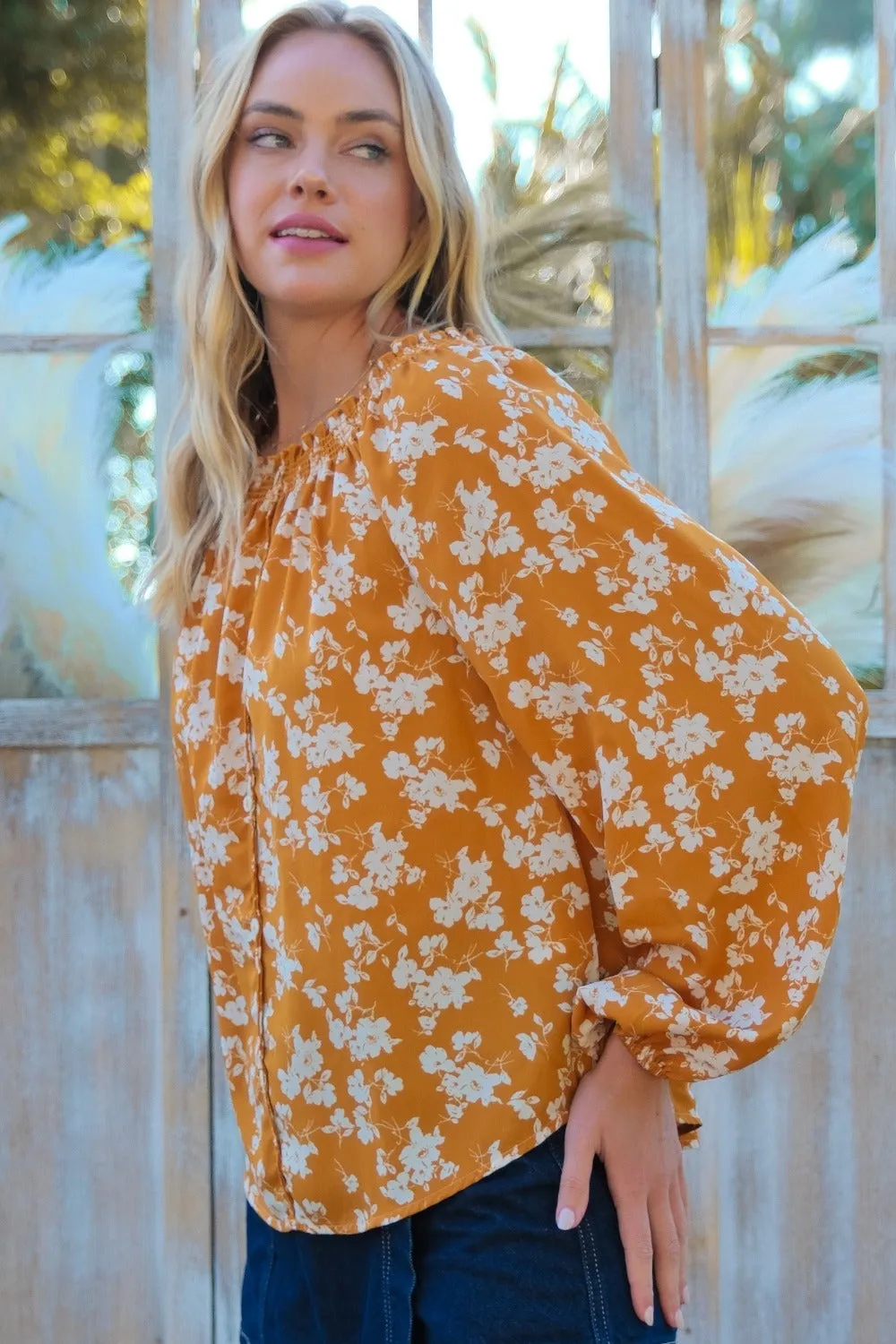 Floral Off-Shoulder Balloon Sleeve Blouse