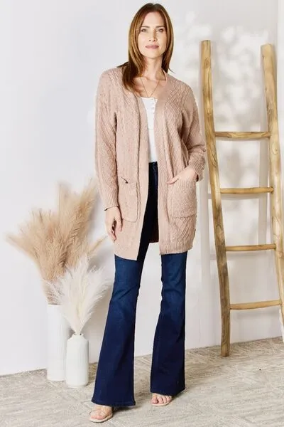 Full Size Cable-Knit Pocketed Cardigan