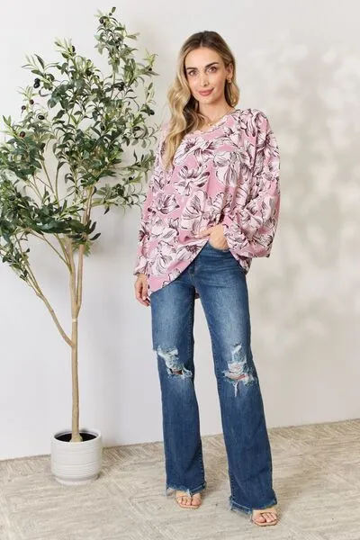 Full Size Floral V-Neck Balloon Sleeve Blouse