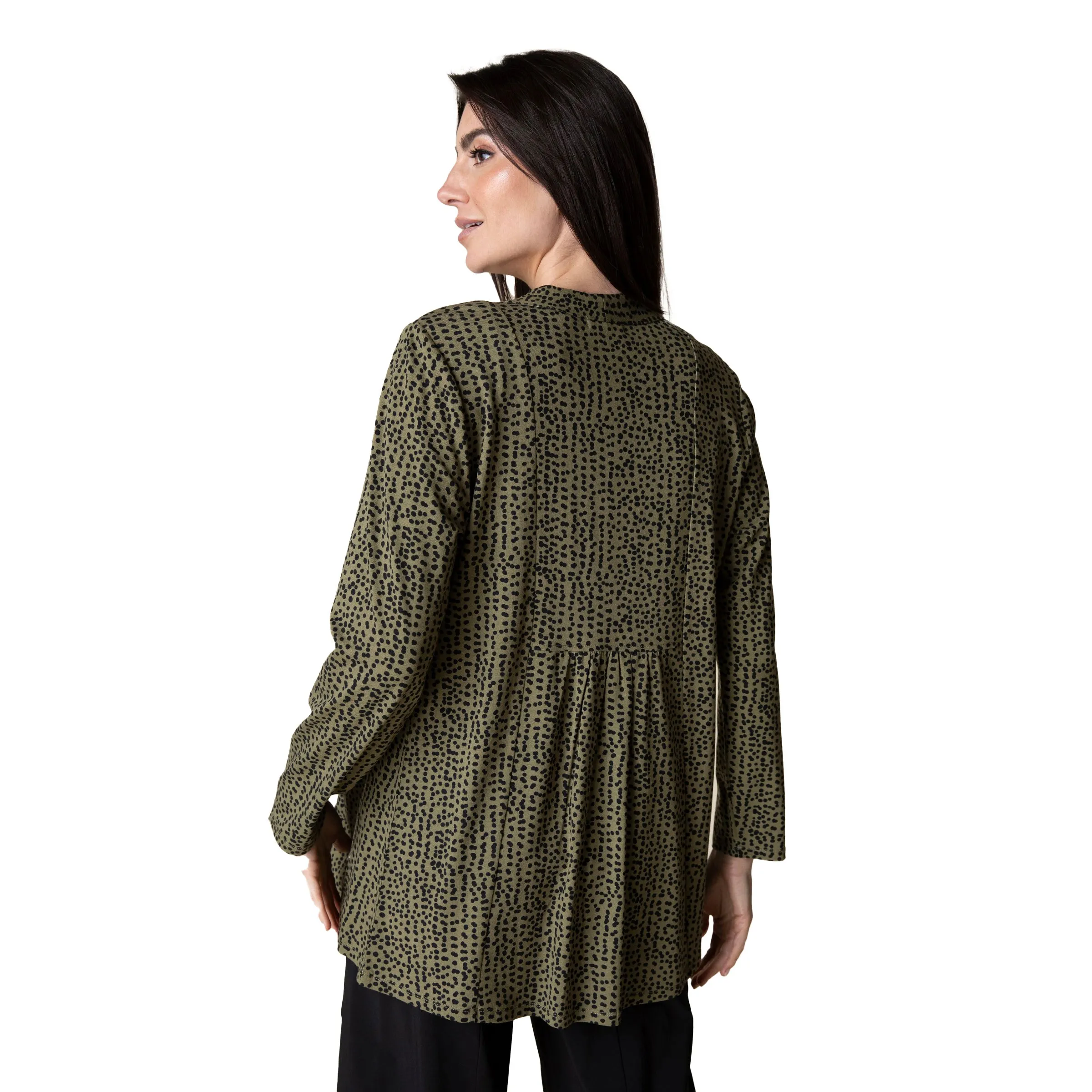 Habitat's Travel Core Dots-Print Shirred Back Cardigan in Olive - 55035-OLV