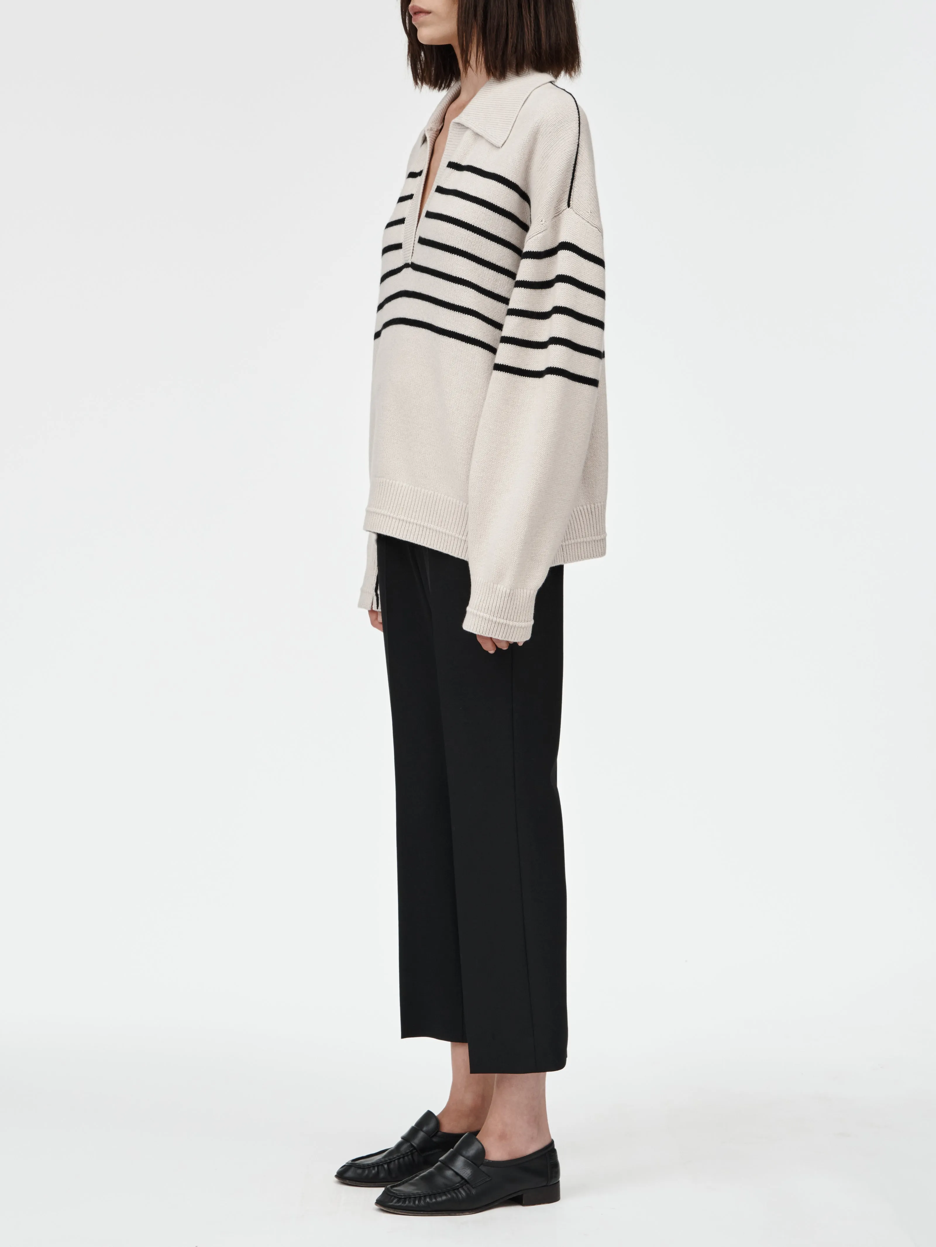 Jersey Collar Sweater in Black & Crema Stripe