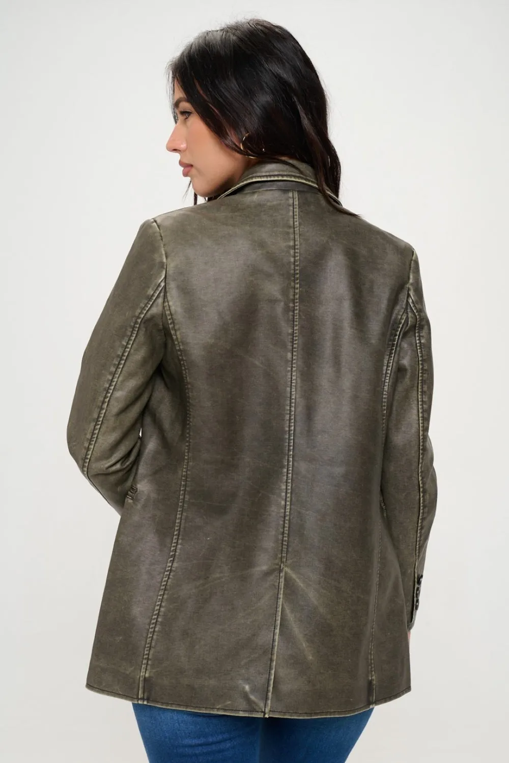 KESLEY Vegan Leather Single-Breasted Vegan Leather Blazer