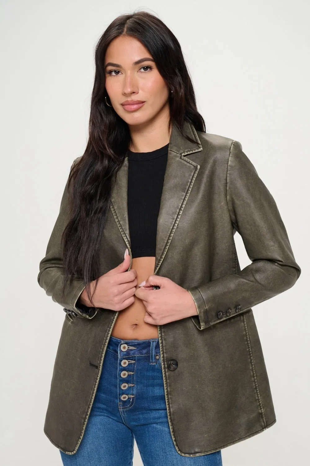 KESLEY Vegan Leather Single-Breasted Vegan Leather Blazer