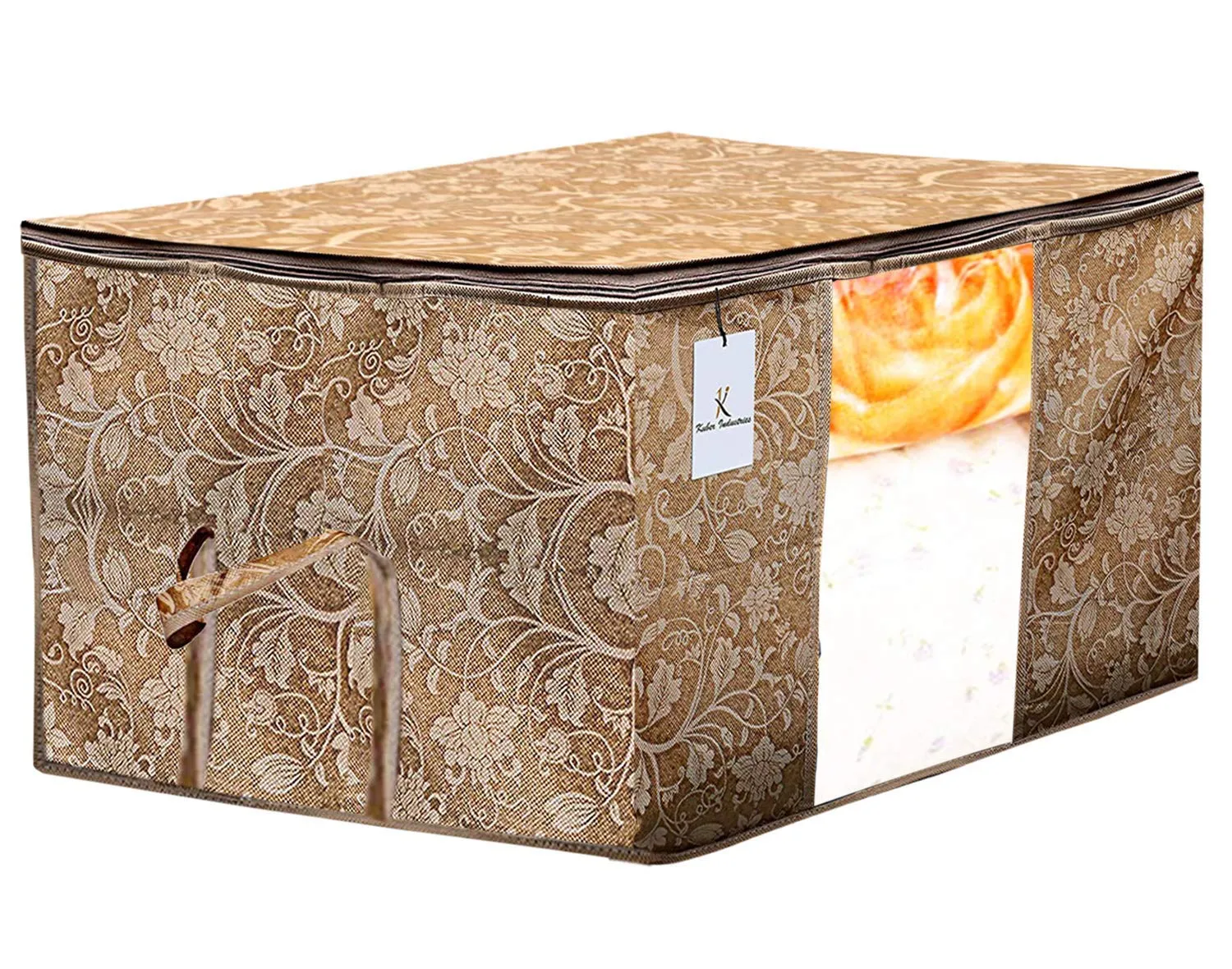 Kuber Industries Metalic Printed 2 Piece Non Woven Saree Cover and 2 Pieces Underbed Storage Bag, Storage Organiser, Blanket Cover, Gold & Beige -CTKTC42387