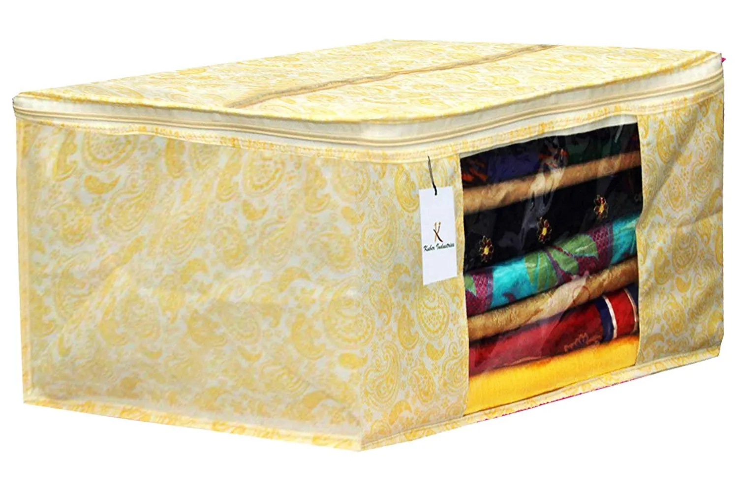 Kuber Industries Metalic Printed 2 Piece Non Woven Saree Cover and 2 Pieces Underbed Storage Bag, Storage Organiser, Blanket Cover, Gold & Beige -CTKTC42387