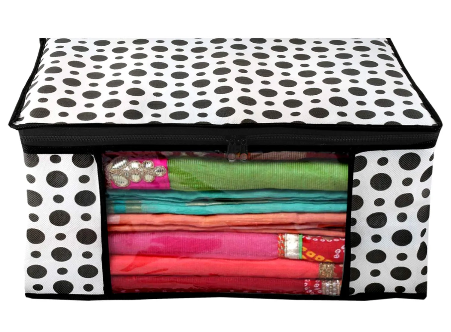 Kuber Industries Polka Dots Design 3 Piece Non Woven Saree Cover and 3 Pieces Underbed Storage Bag, Storage Organiser, Blanket Cover (Black & White) -CTKTC038122