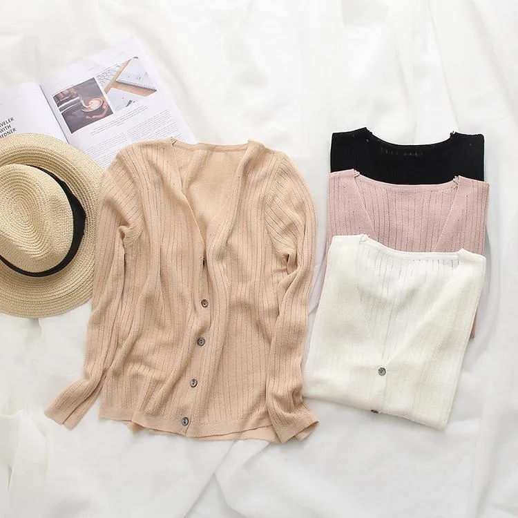 Light Soft Summer V Neck Buttons Knit Cardigans