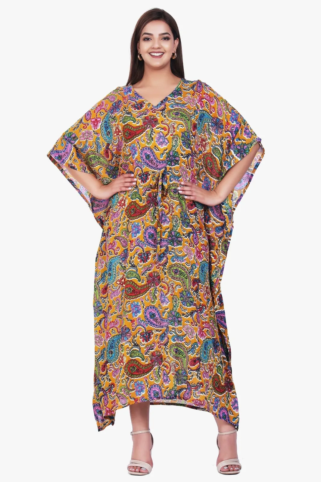 New Women Paisley Print Casual Summer Beachwear Kaftan with Drawstring Free Size