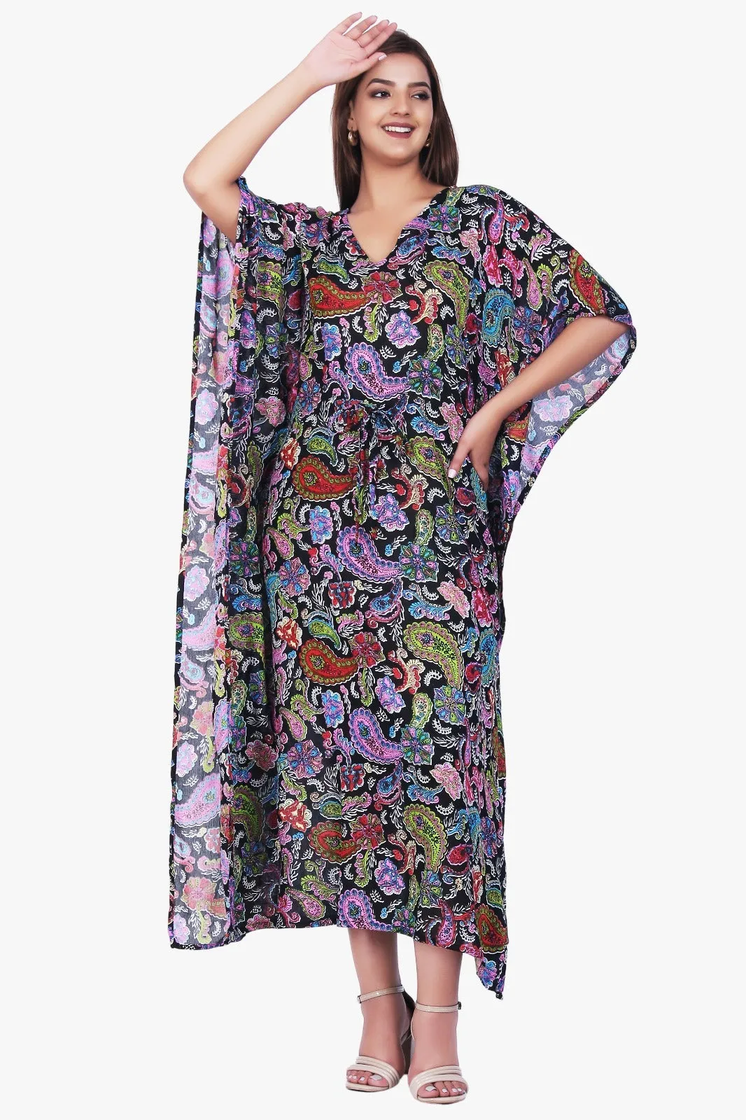 New Women Paisley Print Casual Summer Beachwear Kaftan with Drawstring Free Size