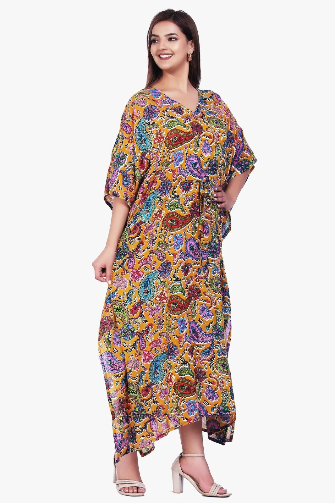 New Women Paisley Print Casual Summer Beachwear Kaftan with Drawstring Free Size