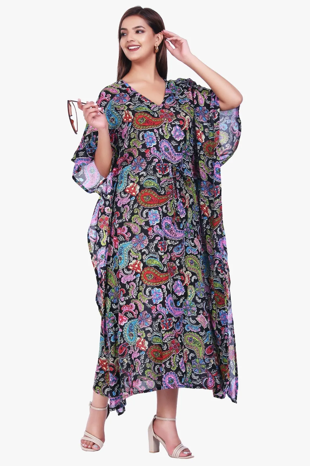 New Women Paisley Print Casual Summer Beachwear Kaftan with Drawstring Free Size