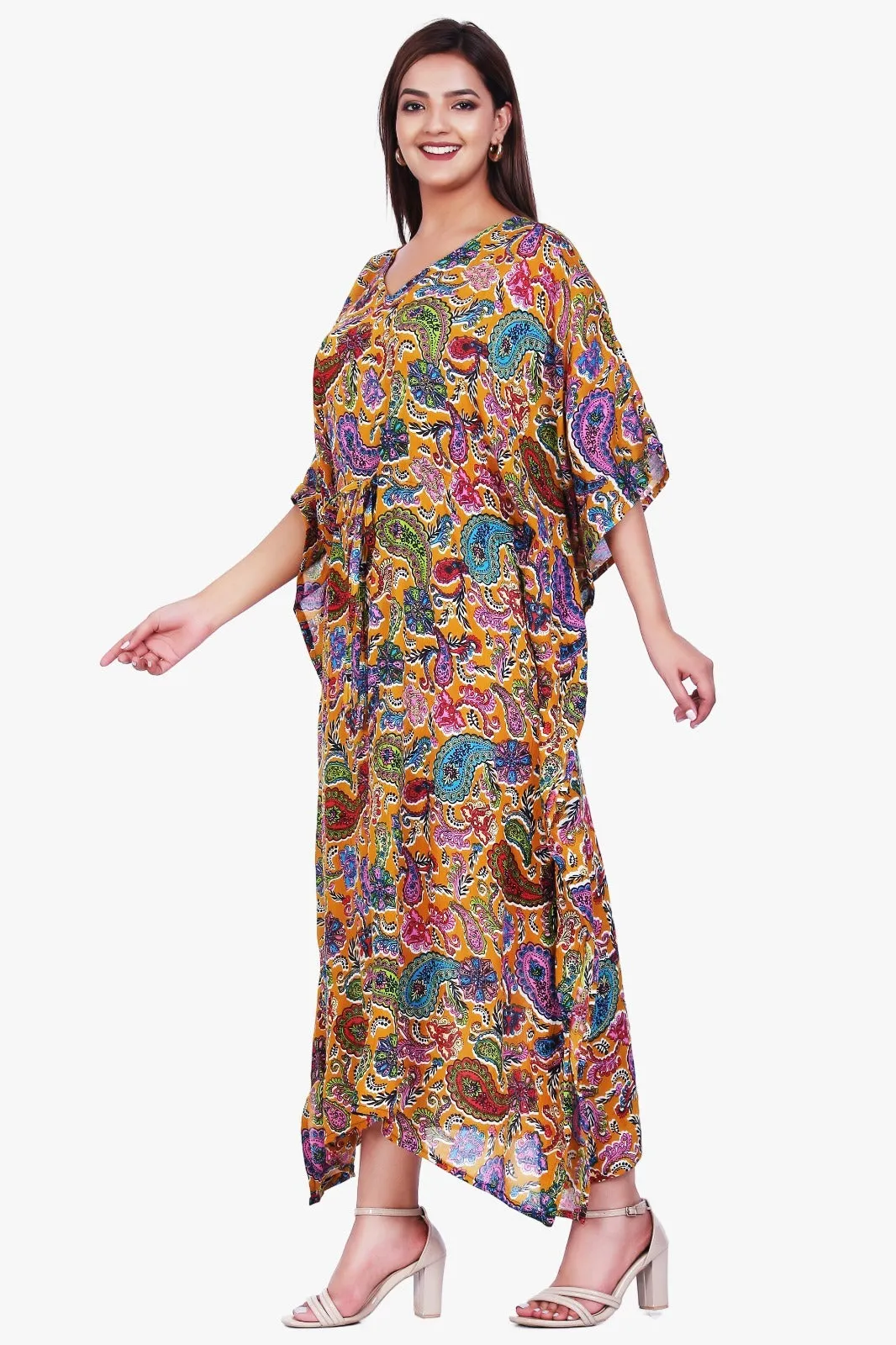 New Women Paisley Print Casual Summer Beachwear Kaftan with Drawstring Free Size