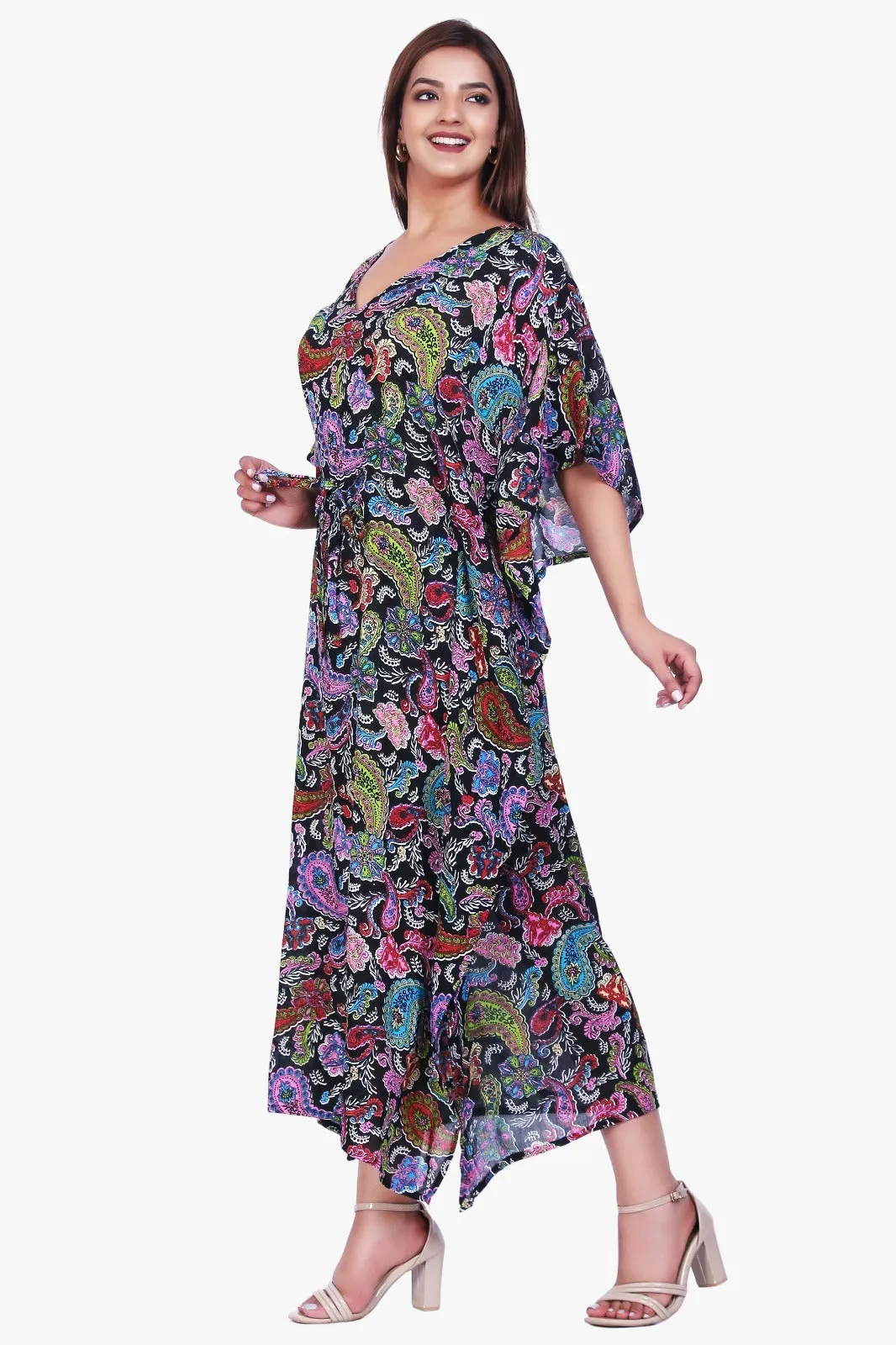 New Women Paisley Print Casual Summer Beachwear Kaftan with Drawstring Free Size