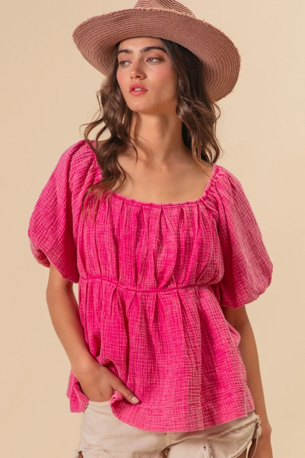 Pleated Puff Sleeve Washed Blouse