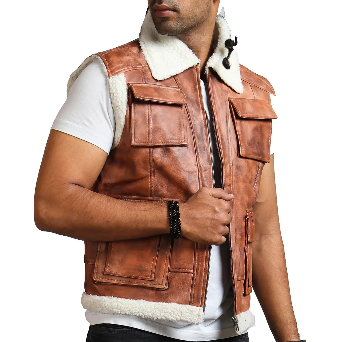 Purchase Men's Brown Leather Vest with Fur Lining – Rfx Leather