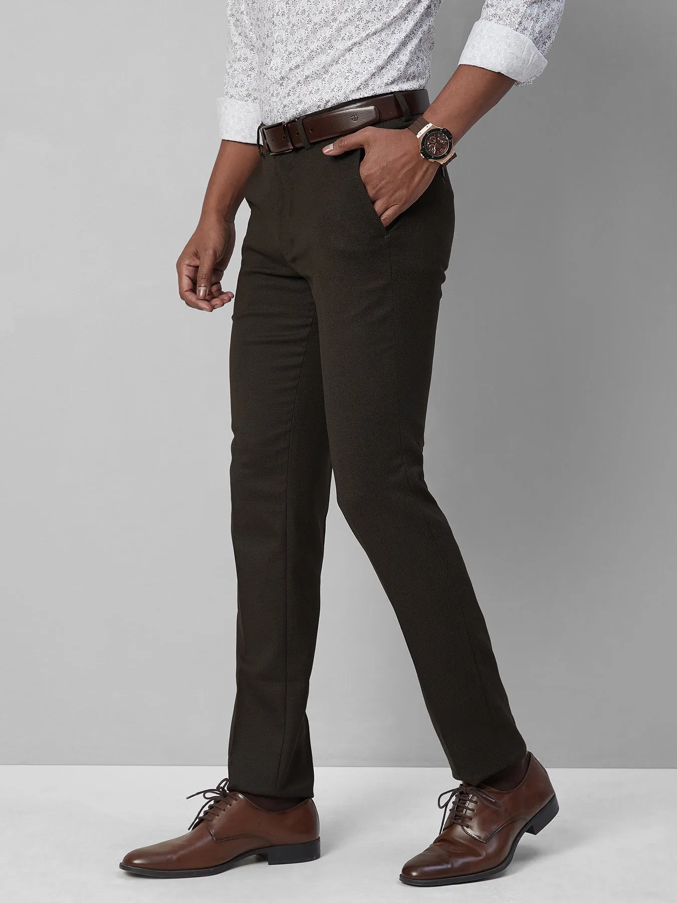 PV Stretch Brown SLIM FIT Flat Front Dobby Formal Trousers